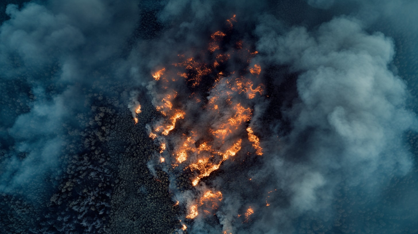 Aerial view of a forest fire with intense flames spreading across the trees, surrounded by thick black smoke.